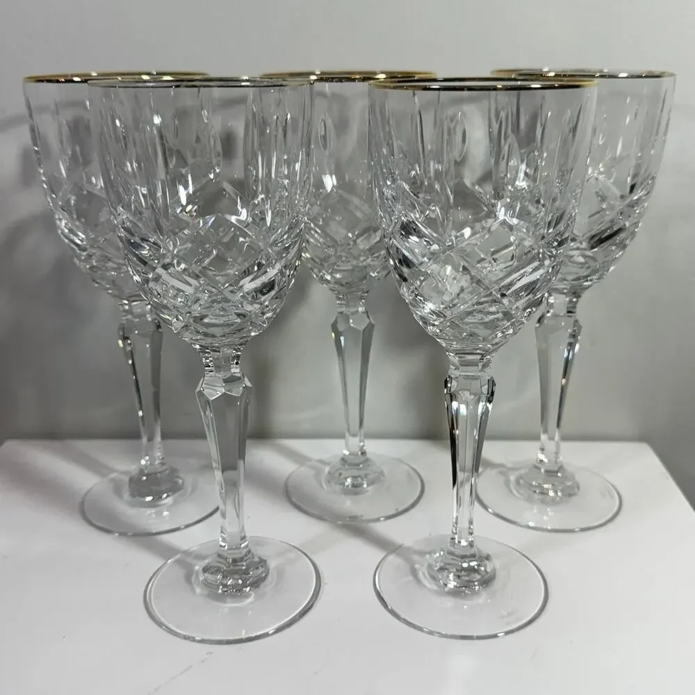 Marquis By Waterford Set of 5 Gold Rim Cut Crystal Chelsea Water Wine Goblet